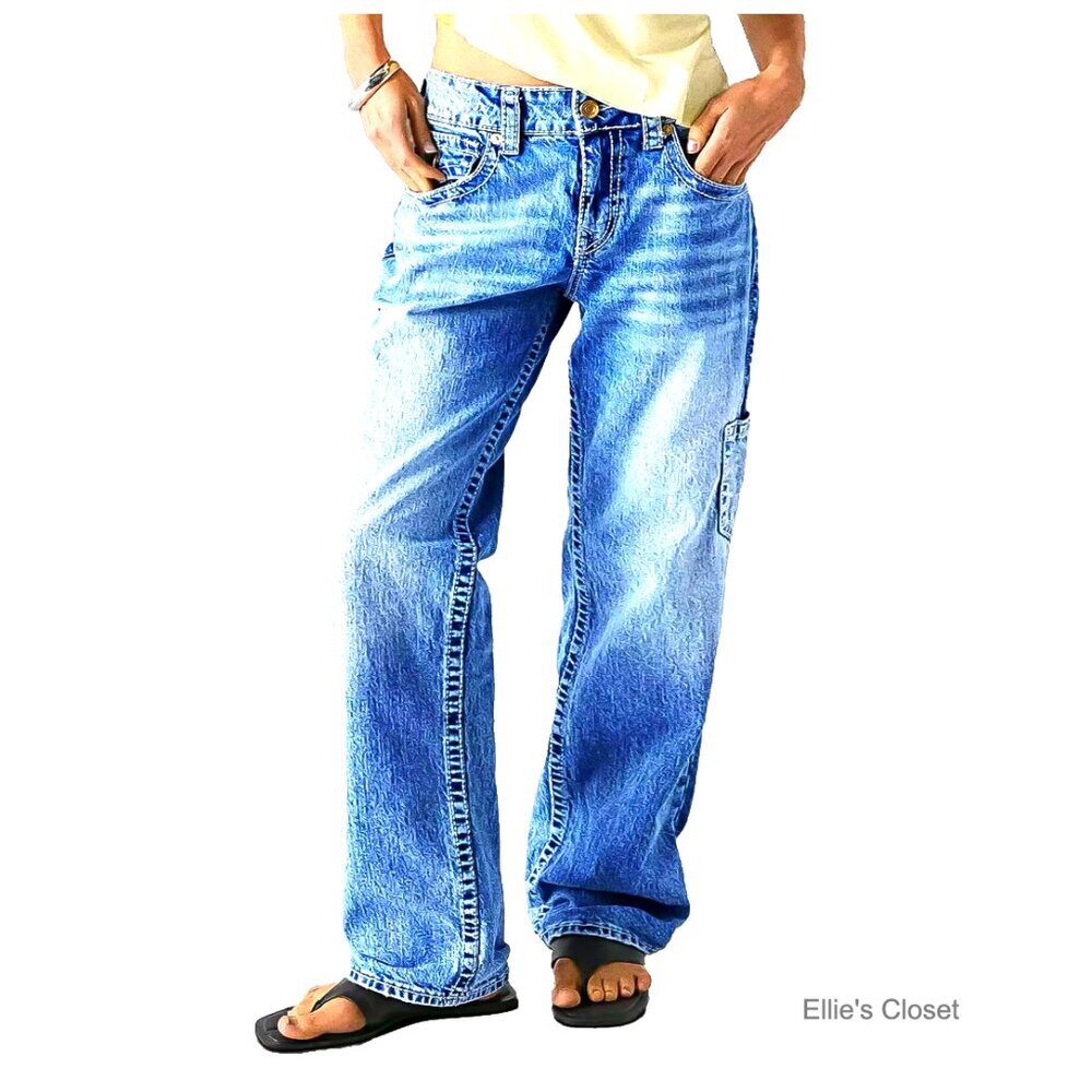 Mid Rise Straight Leg Jeans Multi Pocket Stretchy Baggy Boyfriend Fit